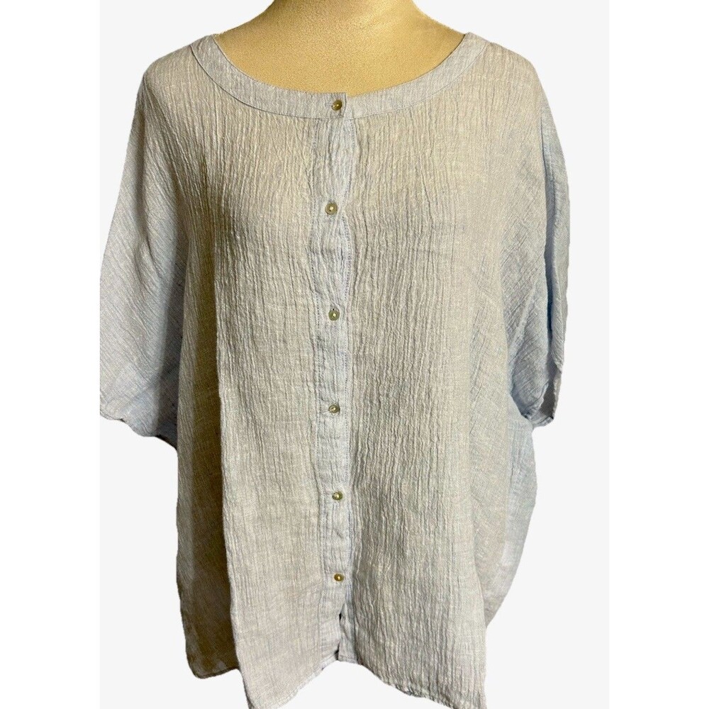 Tahari 100% Linen  Women M Light  Blue Crinkle Boxy Oversized Button Lagenlook